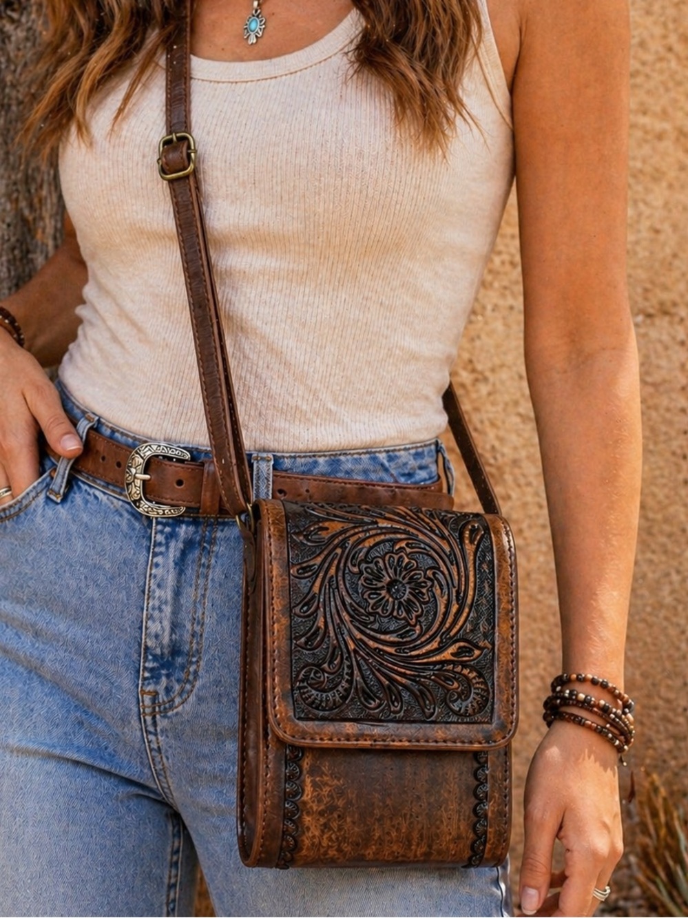 Tooled Western Style Crossbody Bag Brown Faux Leather Small Festival Purse Boho